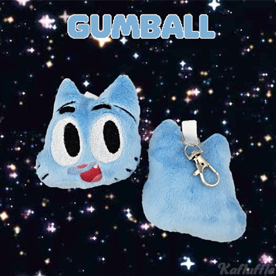 A plush keychain of Gumball, the blue cat from the amazing world of gumball